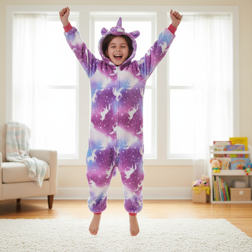 purple unicorn onesie - in-use