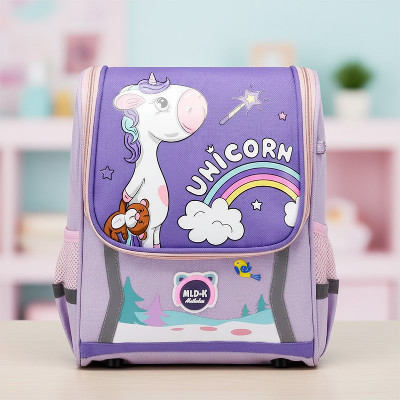 purple unicorn orthopedic school backpack - detail