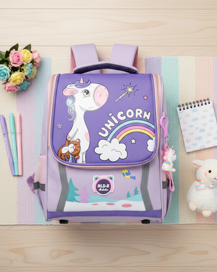 purple unicorn orthopedic school backpack - flat-lay