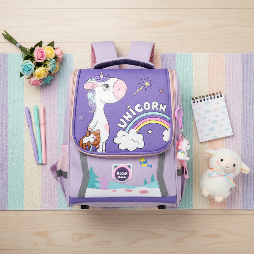 purple unicorn orthopedic school backpack - flat-lay