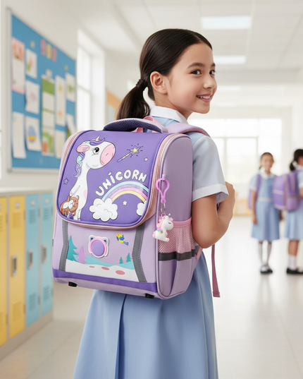 purple unicorn orthopedic school backpack - in-use
