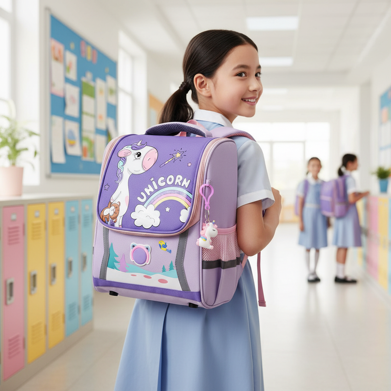 purple unicorn orthopedic school backpack - in-use
