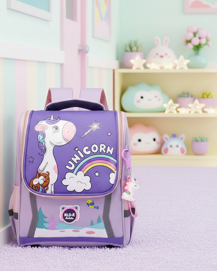 purple unicorn orthopedic school backpack - lifestyle