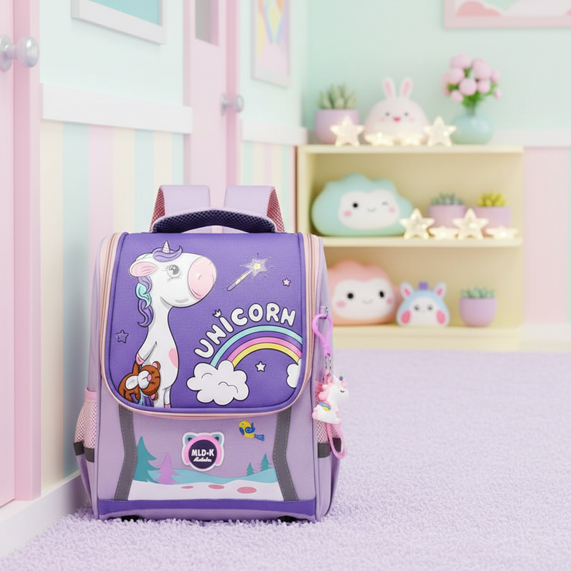 purple unicorn orthopedic school backpack - lifestyle