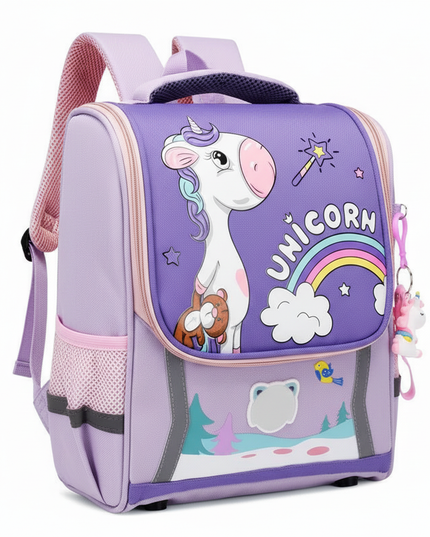 purple unicorn orthopedic school backpack - white-bg