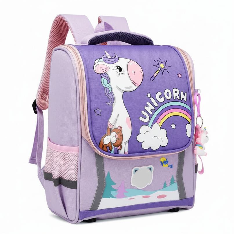 purple unicorn orthopedic school backpack - white-bg