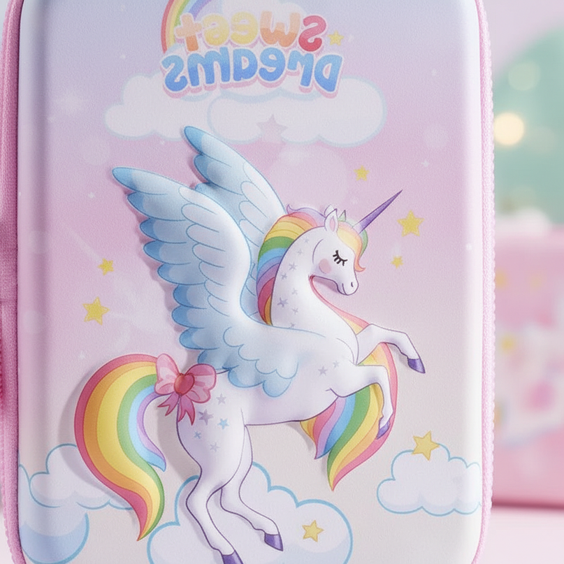 purple unicorn pencil case - detail