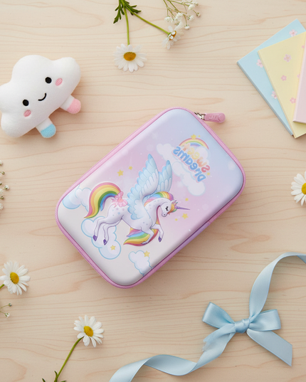 purple unicorn pencil case - flat-lay