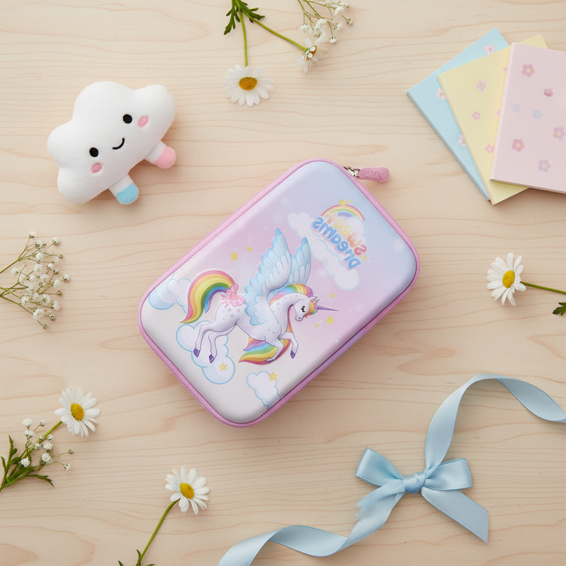 purple unicorn pencil case - flat-lay