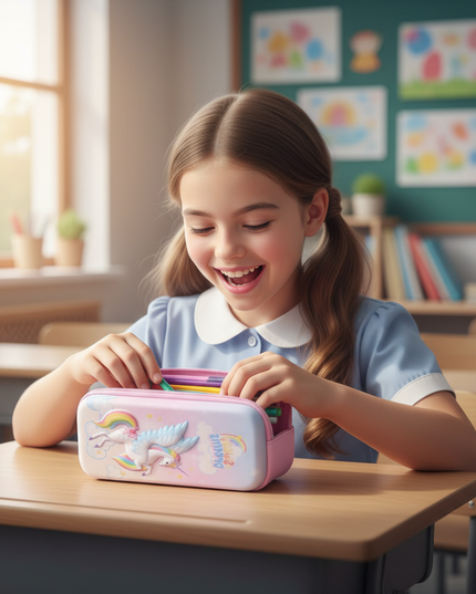 purple unicorn pencil case - in-use