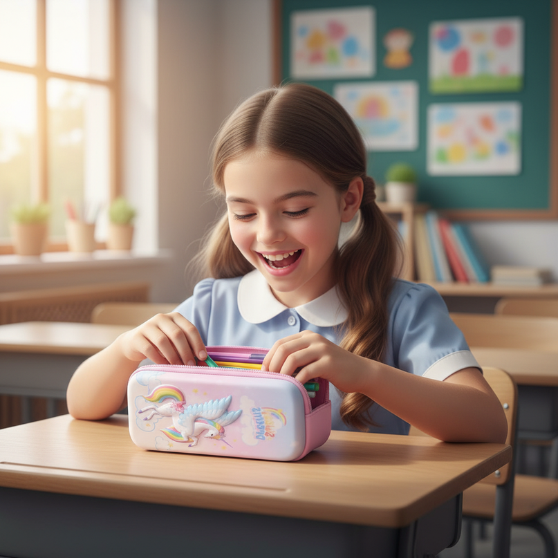 purple unicorn pencil case - in-use