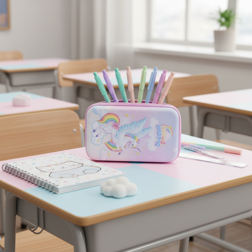 purple unicorn pencil case - lifestyle