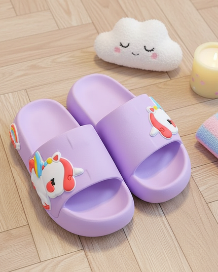 purple unicorn platform slippers - flat-lay