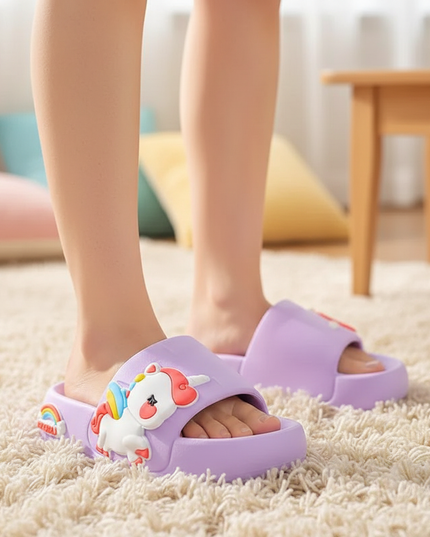purple unicorn platform slippers - in-use