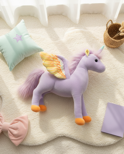 purple unicorn plush toy - flat-lay