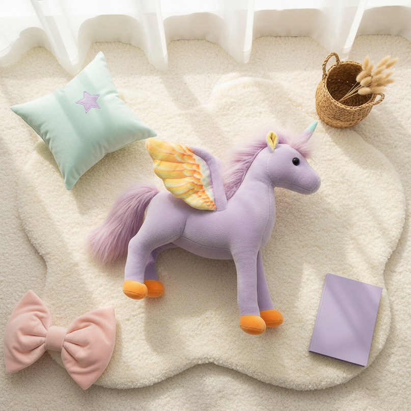purple unicorn plush toy - flat-lay