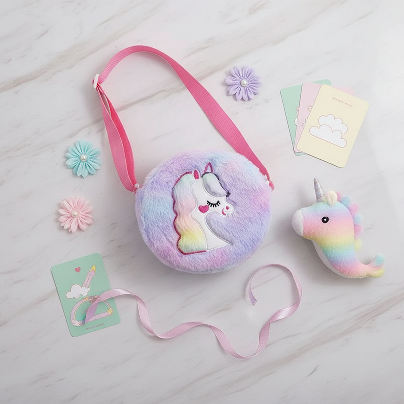 purple unicorn purse - flat-lay