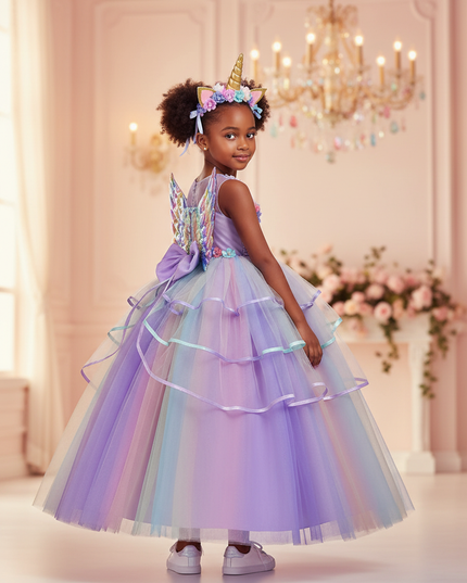 purple unicorn rainbow ball gown dress - back