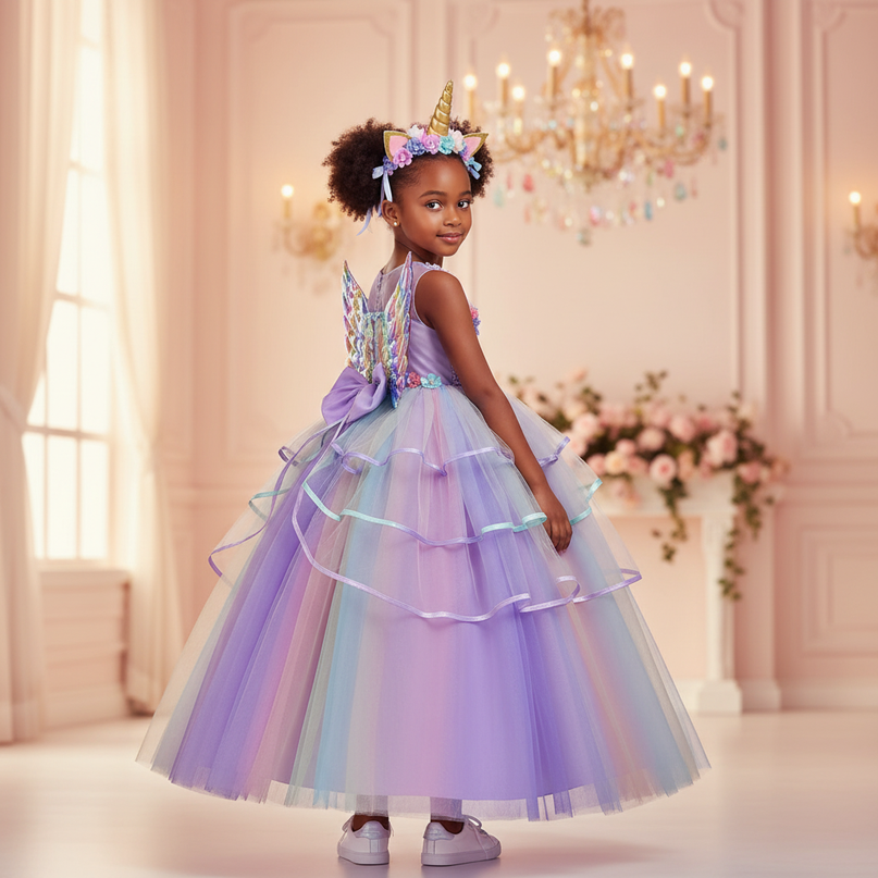 purple unicorn rainbow ball gown dress - back