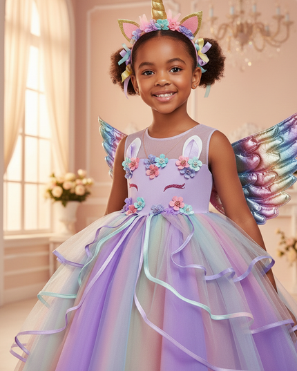 purple unicorn rainbow ball gown dress - detail