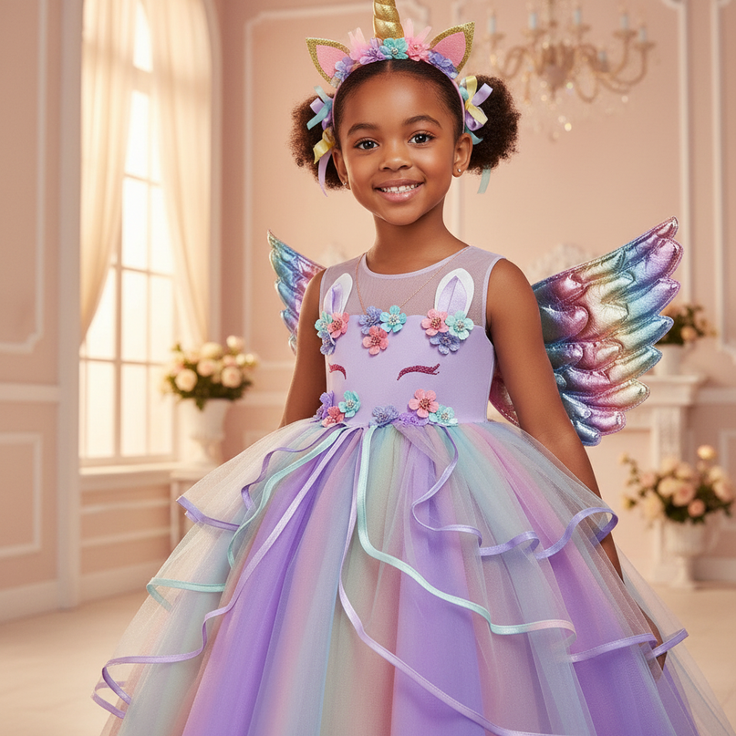 purple unicorn rainbow ball gown dress - detail