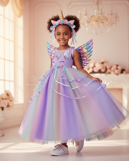 purple unicorn rainbow ball gown dress - front