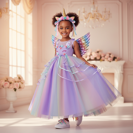 purple unicorn rainbow ball gown dress - front