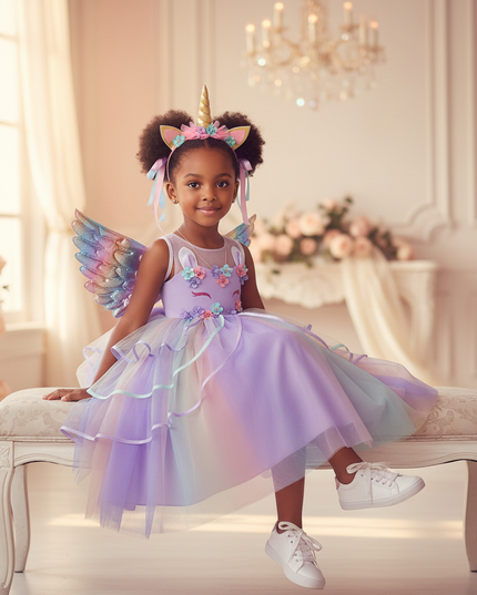 purple unicorn rainbow ball gown dress - sitting