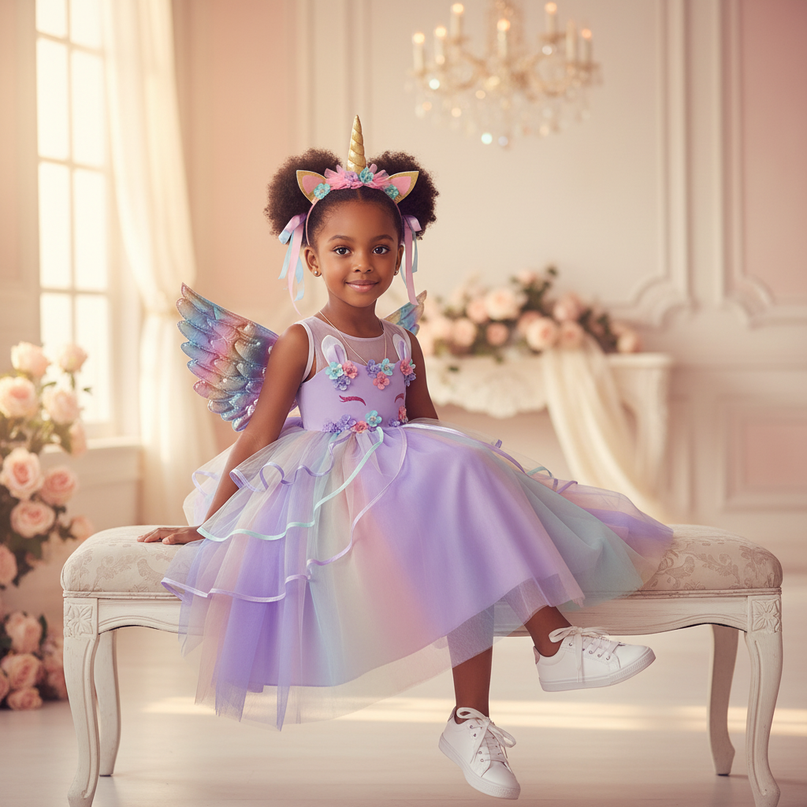purple unicorn rainbow ball gown dress - sitting