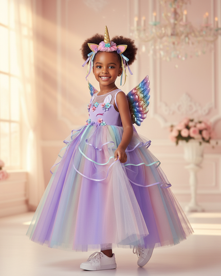 purple unicorn rainbow ball gown dress - three-quarter