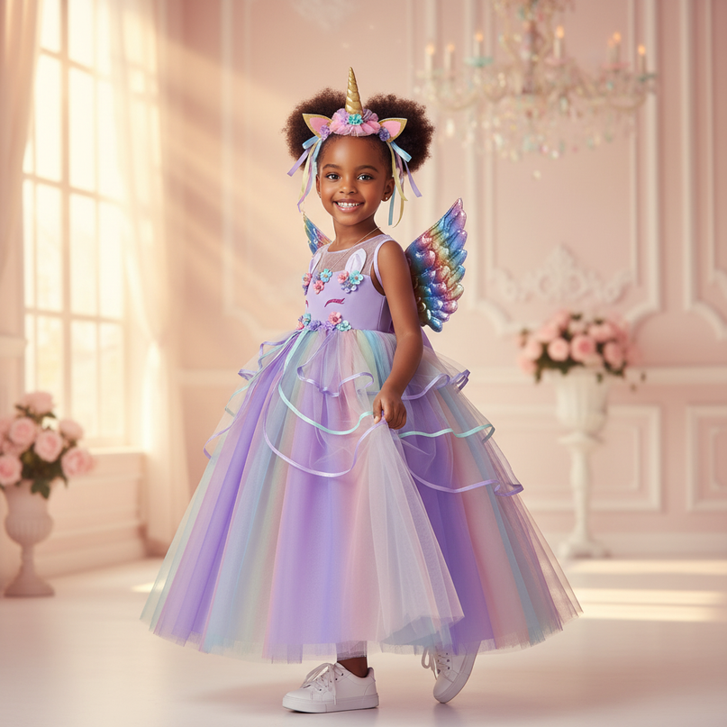 purple unicorn rainbow ball gown dress - three-quarter