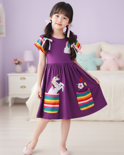 purple unicorn rainbow pocket dress - front