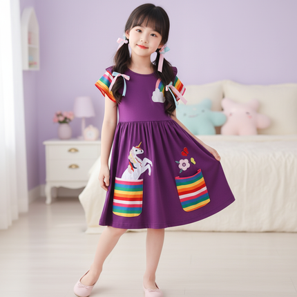 purple unicorn rainbow pocket dress - front
