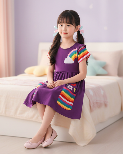 purple unicorn rainbow pocket dress - sitting