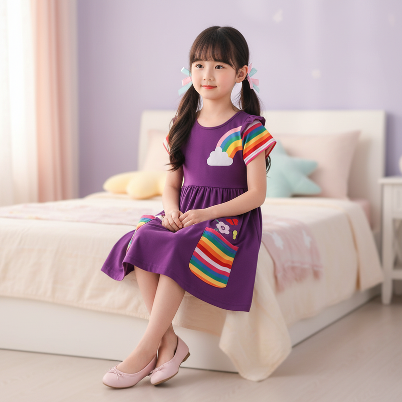 purple unicorn rainbow pocket dress - sitting