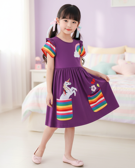 purple unicorn rainbow pocket dress - three-quarter