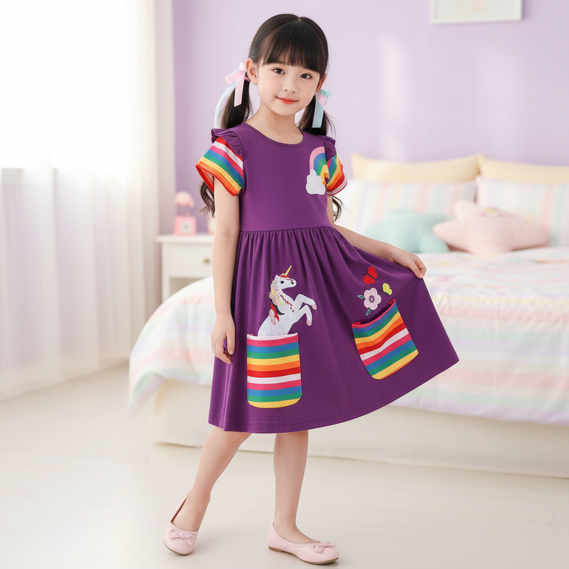 purple unicorn rainbow pocket dress - three-quarter