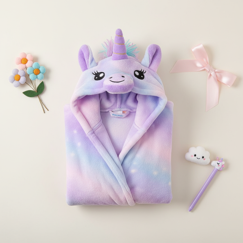 purple unicorn robe - flat-lay