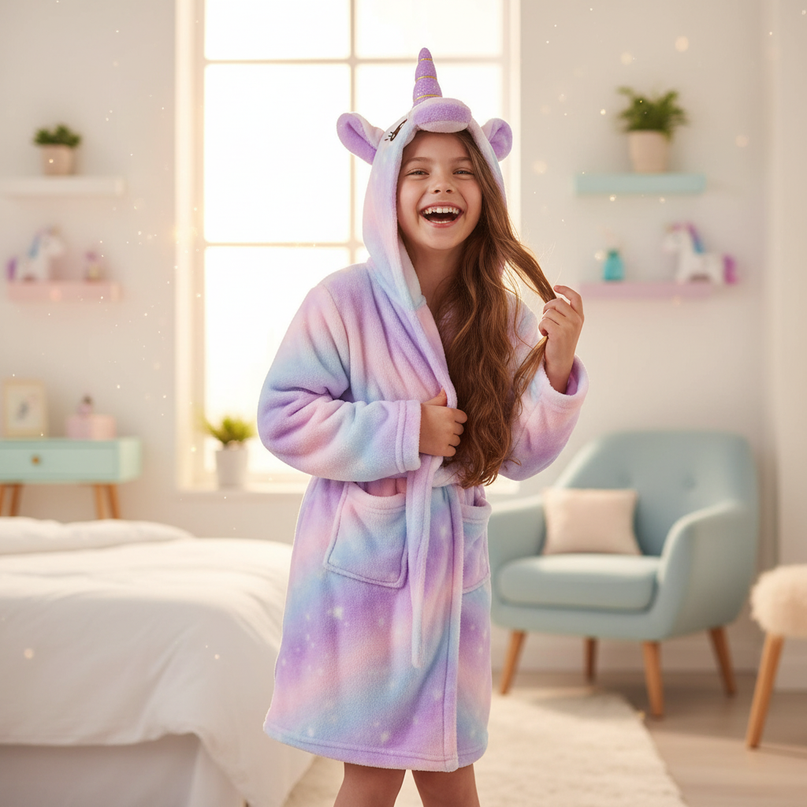 purple unicorn robe - in-use