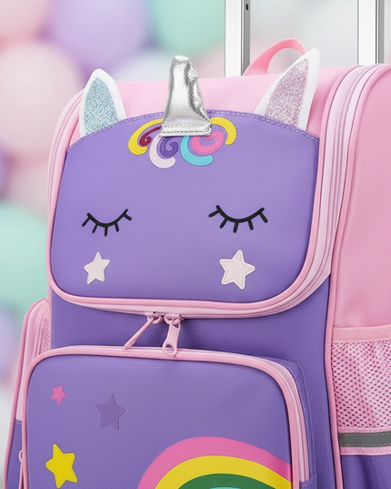 purple unicorn rolling backpack - detail