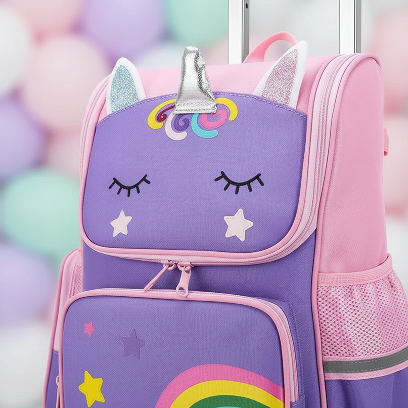 purple unicorn rolling backpack - detail