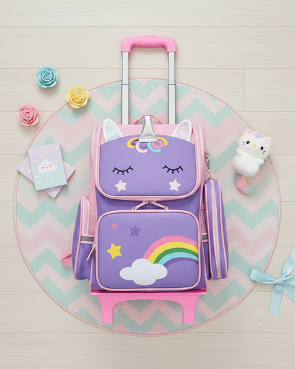 purple unicorn rolling backpack - flat-lay