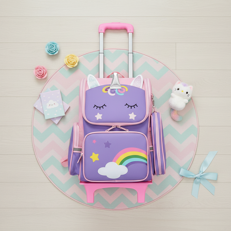 purple unicorn rolling backpack - flat-lay