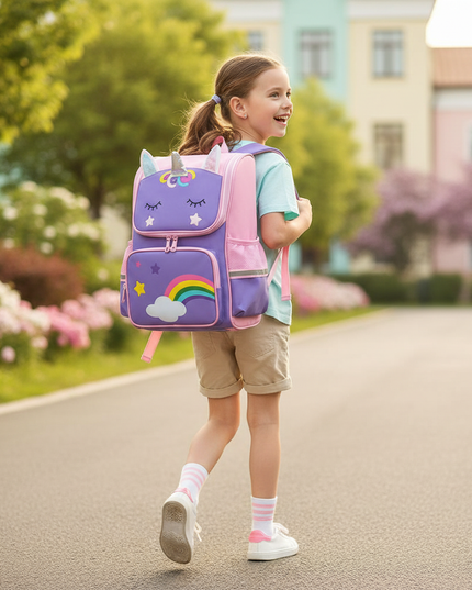 purple unicorn rolling backpack - in-use