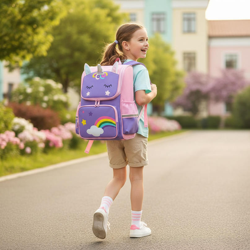 purple unicorn rolling backpack - in-use