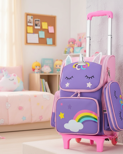 purple unicorn rolling backpack - lifestyle