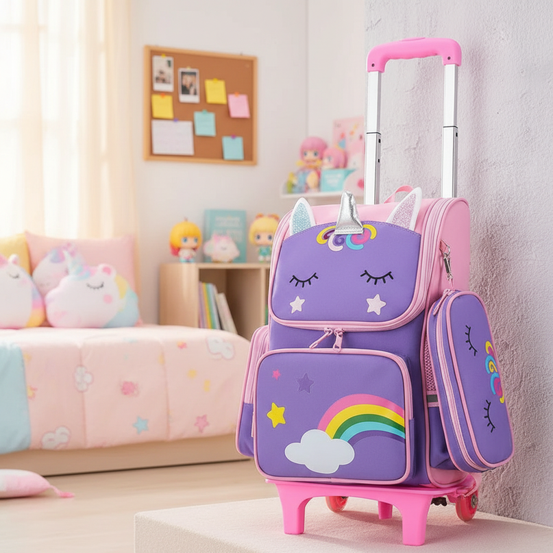 purple unicorn rolling backpack - lifestyle