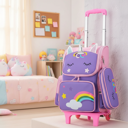 purple unicorn rolling backpack - lifestyle