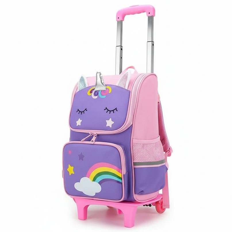 purple unicorn rolling backpack - white-bg