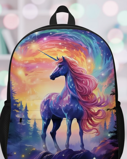 purple unicorn school backpack - detail
